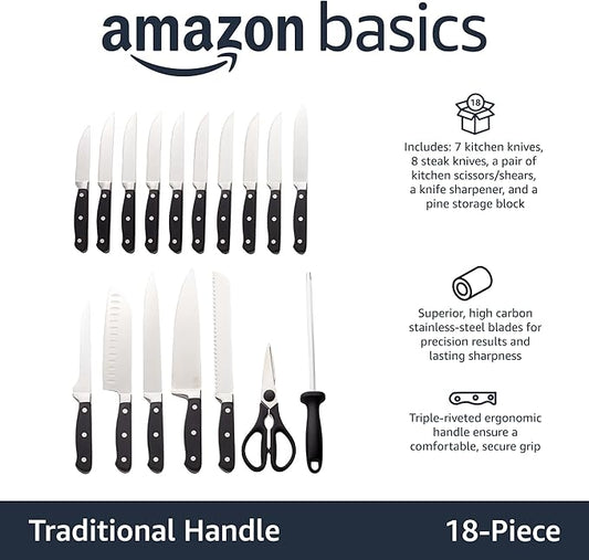 Amazon Basics 18-Piece Premium High-Carbon Stainless Steel Kitchen Knife Set with Built-in Sharpener, Ergonomic Handles, Pine Wood Block, Black