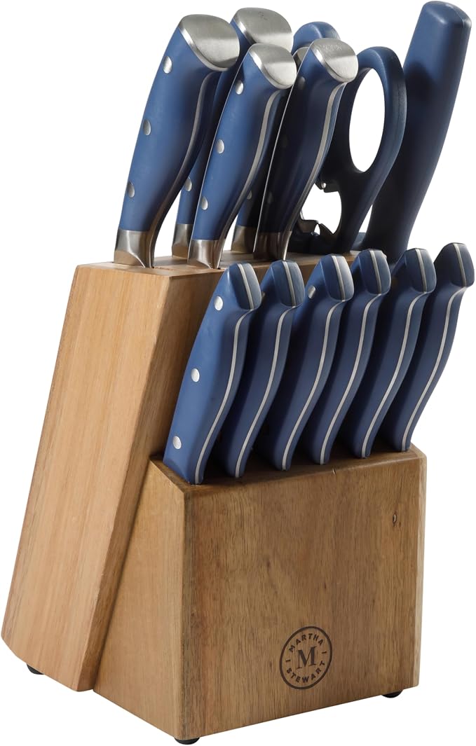 Martha Stewart Greeley Forged High Carbon Stainless Steel 14 Piece Knife Block Set, Navy Blue Kitchen Knife Set with Acacia Wood Block, Chef Knife, Bread Knife, Steak Knives