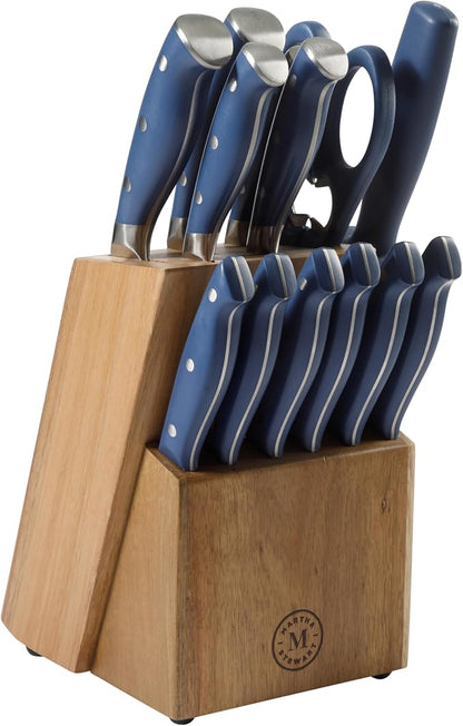 Martha Stewart Greeley Forged High Carbon Stainless Steel 14 Piece Knife Block Set, Navy Blue Kitchen Knife Set with Acacia Wood Block, Chef Knife, Bread Knife, Steak Knives