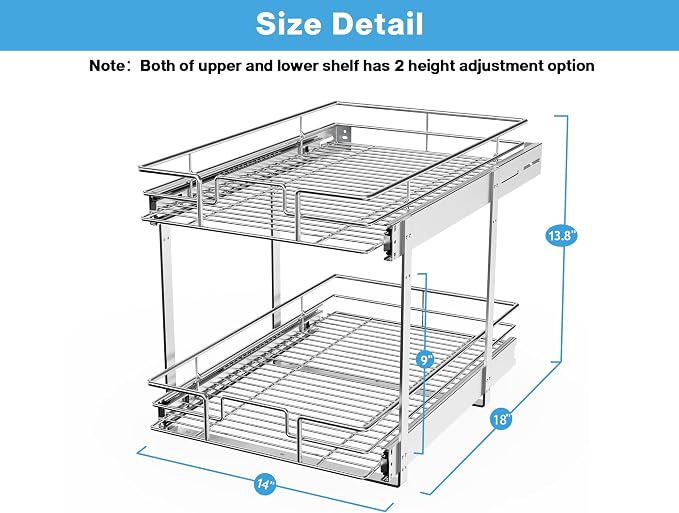 LOVMOR Individual Pull Out Cabinet Organizer, 2 Tier Slide Out Cabinet Drawers, Pots and Pans Organizer and Storage Pantry Shelf for Kitchen (14" W x 18" D)