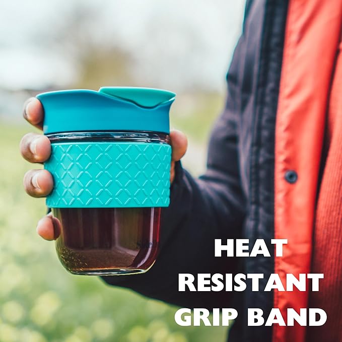 Reusable Strengthened Glass Travel Cup - Spill Proof Coffee Mug - 12oz/340ml BPA-Free Hot Drink Travel Mug with Lid & Silicone Band (Black, 12oz)