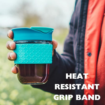 Reusable Strengthened Glass Travel Cup - Spill Proof Coffee Mug - 12oz/340ml BPA-Free Hot Drink Travel Mug with Lid & Silicone Band (Ice Cream, 12oz)