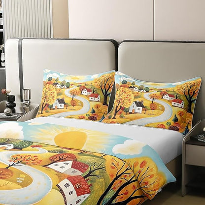 100% Pure Cotton Autumn Rustic Farmhouse Duvet Cover Set Queen for Kids Boys Cartoon Landscape Painting Bedding Set Maple Leaves Tree Comforter Cover with 2 Pillowcases,Not Comforter