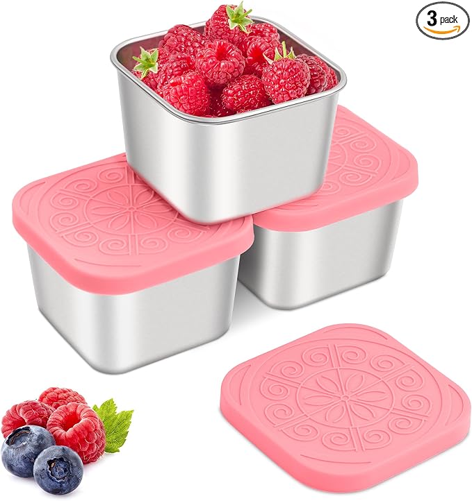 Qukaka Stainless Steel Snack Containers for Kids,7.2oz Easy Open Leak Proof Reusable Snack Box Container with Lids,Small Lunch Containers for Meal Prep,School,Picnic and Travel-3Pack