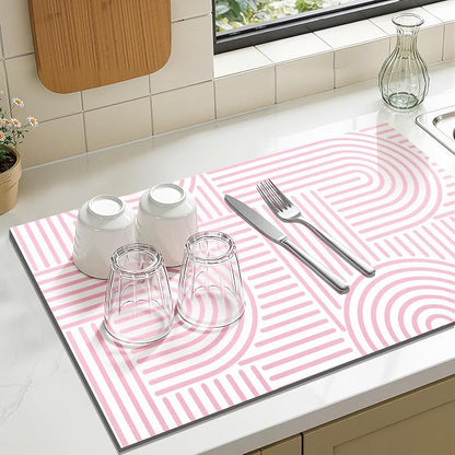 Findosom Dish Drying Mat, 12" x 20" Super Absorbent Dish Mat with Modern Geometric Striped, Hide Stain Drying Mat for Kitchen Counter, Under Dish Rack, Coffee Maker, Espresso Machine, Pink & White