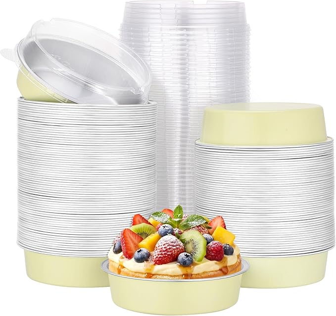 Beasea Disposable Tart Pans with Lids, 120 Pack 7.3oz Mini Pie Tins Creme Brulee Ramekins Aluminum Foil Pie Tart Cake Baking Pans Tins Cheesecake Containers for Birthday Party - Sage Green