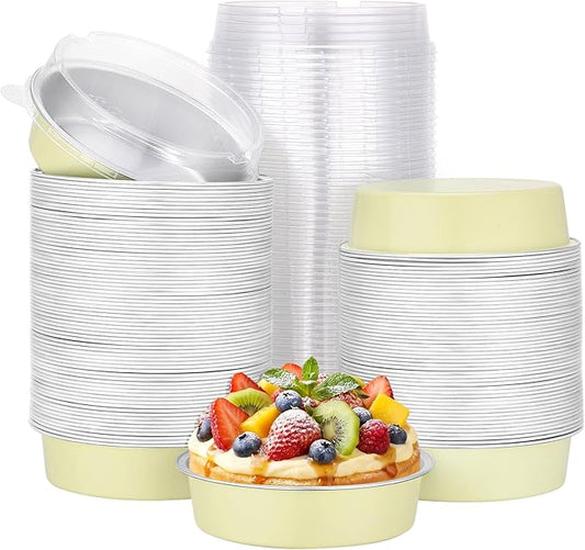 Beasea Disposable Tart Pans with Lids, 120 Pack 7.3oz Mini Pie Tins Creme Brulee Ramekins Aluminum Foil Pie Tart Cake Baking Pans Tins Cheesecake Containers for Birthday Party - Sage Green