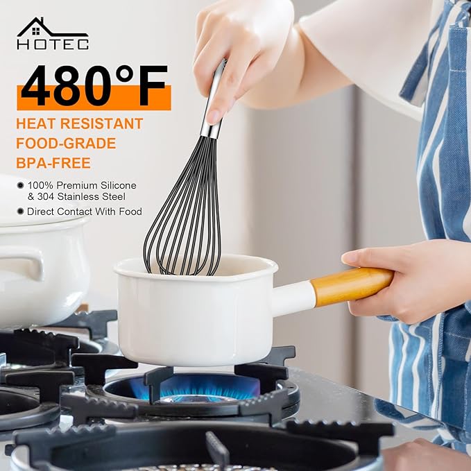 HOTEC 4 Pieces Silicone Whisks Set, Wire Balloon Whisks for cooking Egg Beater, Non-slip Handle Whisk for Non-stick Cookware Perfect for Cooking, Stirring, Beating and Blending,Black