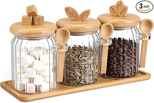 Suclain 3 Pcs Glass Coffee Container with Bamboo Color Lid & Spoon, 20.3 oz Airtight Glass Jar with Wooden Shelf, Food Storage Containers Coffee Jar Tea Container(Bamboo Color)