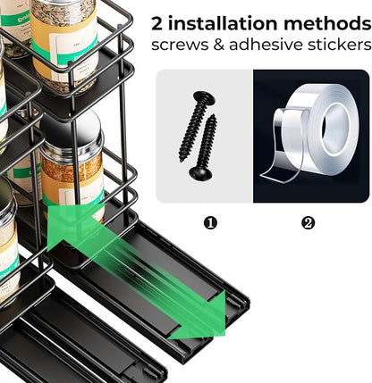 Mystozer Pull Out Spice Rack Organizer for Cabinet, Slide Out Spice Racks, Easy to Install Spice Cabinet Organizers, 5.2" Wx10.43 Dx8.26 H, 2 Packs 2 Tiers(Black)