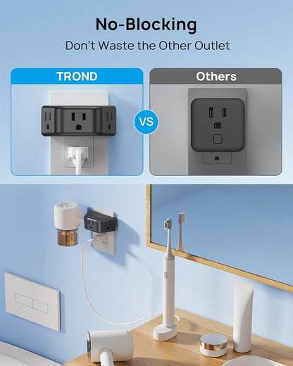 TROND Multi Plug Outlet 3 Pack - Wall Extender with 3-Prong Grounded Sockets, 3 Way Angled Outlet Adapter, Cruise Essentials, Expander for Travel, Home, Hotel, Dorm Room, Black
