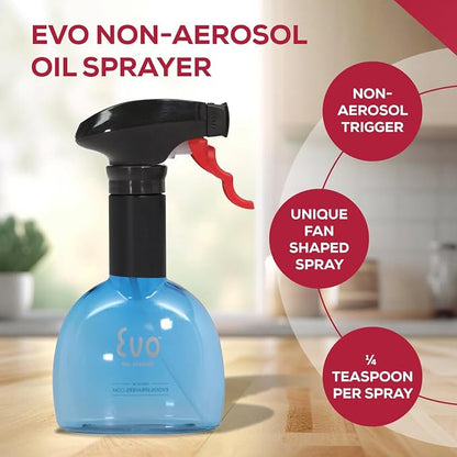 Evo Mini Oil Sprayers, Non-Aerosol for Olive Oil, Cooking Oils, and Vinegars, Blue, 8-Ounce Capacity, Set of 2