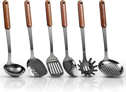 Stainless Steel Mirror Polished Kitchen Utensils Set - 6pcs Cooking Utensils Set with Wooden Handle, Heat Resistant Kitchen Tool Set for Cooking with Turners,Spatula,Ladle,Skimmer,Solid Spoon,Pasta