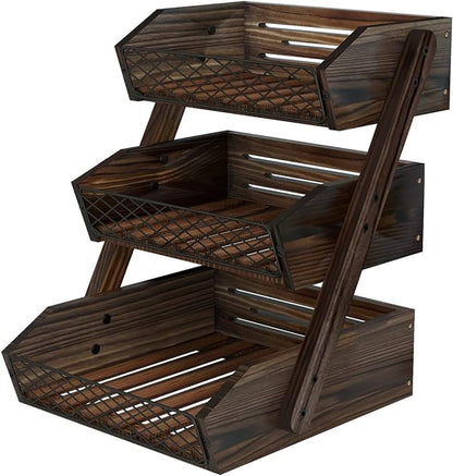 Dorhors Fruit Basket for Kitchen,Fruit Bowl,Kitchen Counter Organizer,Wooden Vegetable Holder for Countertop,Bread Storage Basket Stand(3 Tier)