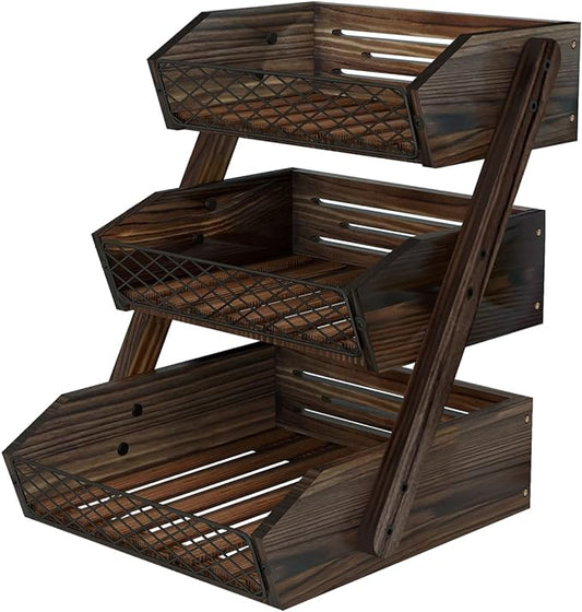 Dorhors Fruit Basket for Kitchen,Fruit Bowl,Kitchen Counter Organizer,Wooden Vegetable Holder for Countertop,Bread Storage Basket Stand(3 Tier)