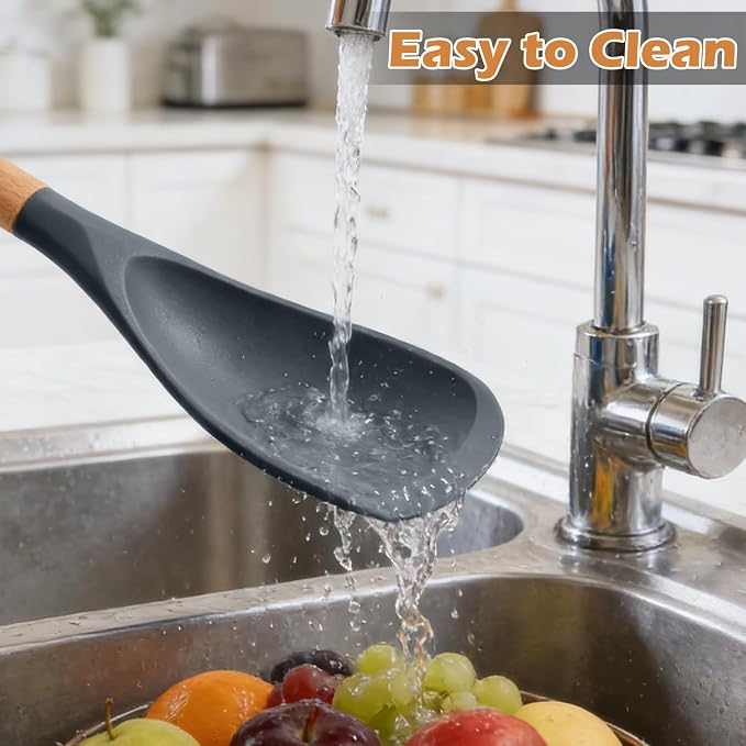 Cooking Spoon Set with Wooden Handle, Heat-Resistant Kitchen Utensils for Stirring, Mixing, Serving, Non-Stick Cookware (GRAY - 1Pack)