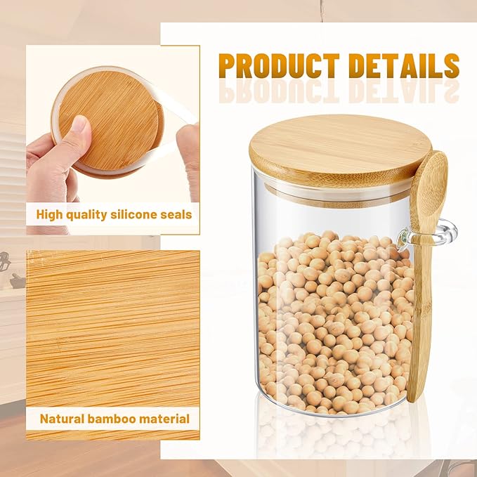 Tessco for you 3 Pack 17 oz Glass Jars with Bamboo Lids and Spoons, Clear Tea Containers for Loose Leaf Tea, Kitchen Countertop Canisters for Sugar, Coffee Beans, Spice, Salt, Nuts, Candy