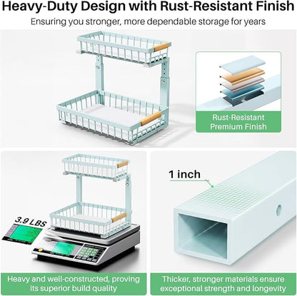 Kitstorack Under Sink Organizer, 2 Tier Under the Sink Storage, Slide out Pull out Cabinet Organizer Shelf, Metal Sliding Drawer for Kitchen Bathroom Pantry Closet Organization Rack, Blue, 2 Pack