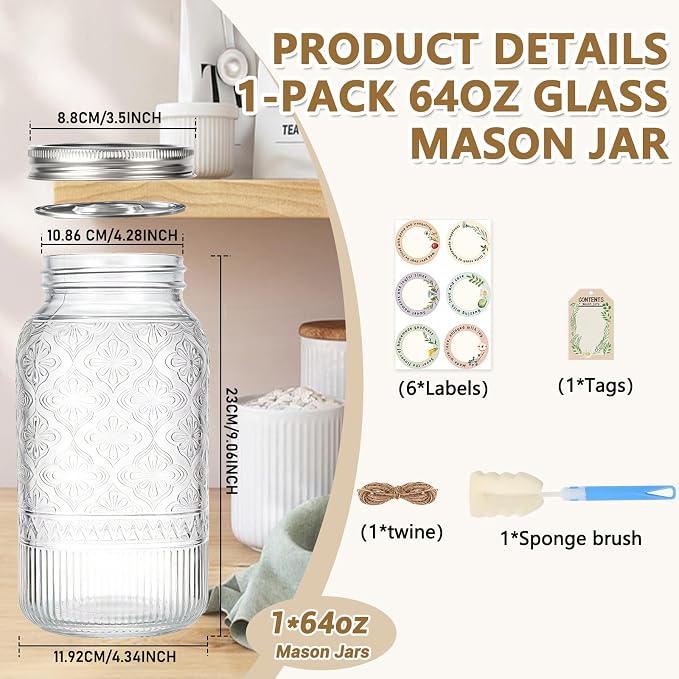 64oz Mason Jars Wide Mouth 1-Pack, Half Gallon Glass Canning Jars with Stainless Steel Airtight Lids, Large Glass Containers for Pantry Storage, Fermenting, Pickling, Cold Brew, DIY Projects