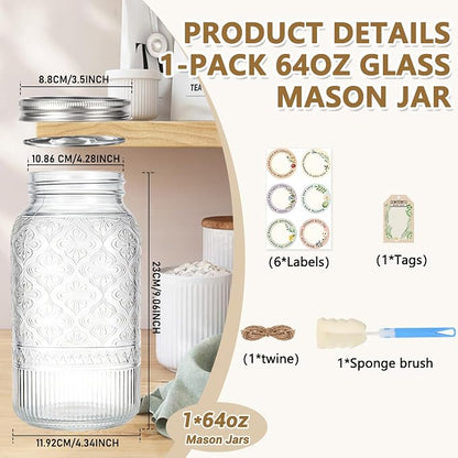 64oz Mason Jars Wide Mouth 1-Pack, Half Gallon Glass Canning Jars with Stainless Steel Airtight Lids, Large Glass Containers for Pantry Storage, Fermenting, Pickling, Cold Brew, DIY Projects