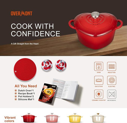Overmont Enameled Cast Iron Dutch Oven - Heart-Shaped Pot with Lid Cookbook & Cotton Pot Holders - Mini Cookware Oven Safe to 500°F for Sourdough Baking Soups Stews - Great Gift for Wedding Birthday Housewarming 2QT Red