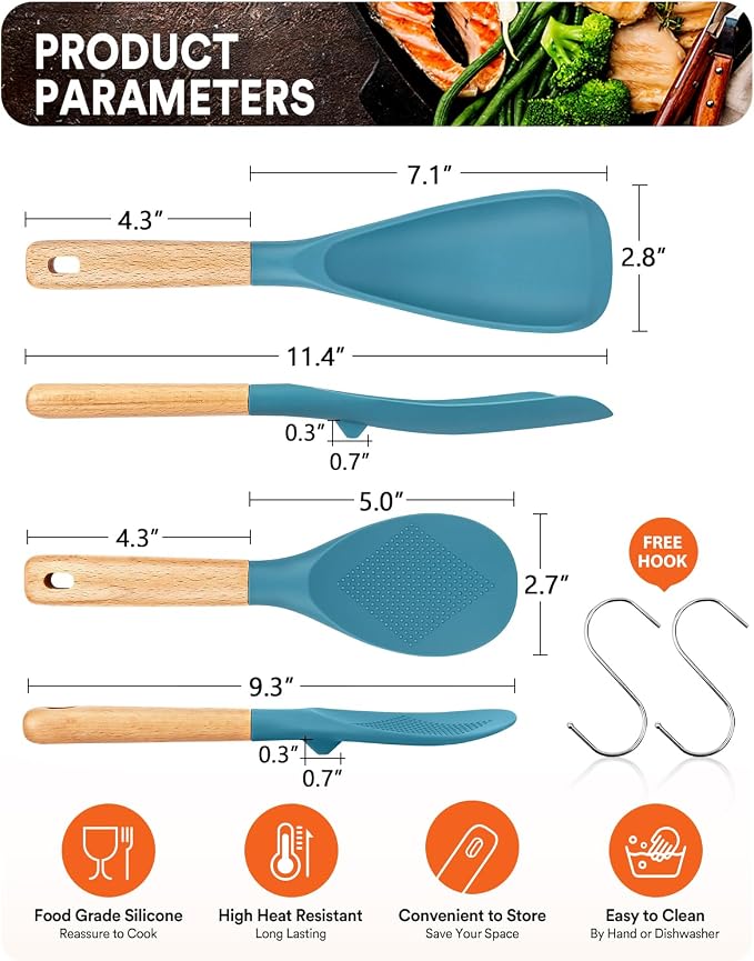 Cooking Spoon and Rice Scooper for Nonstick Cookwares, Great for Cooking and Serving Sturdy BPA-Free Matte Silicone, Wood Handle Spoon for Mixing, Scoop, and Scrape (Turquoise)