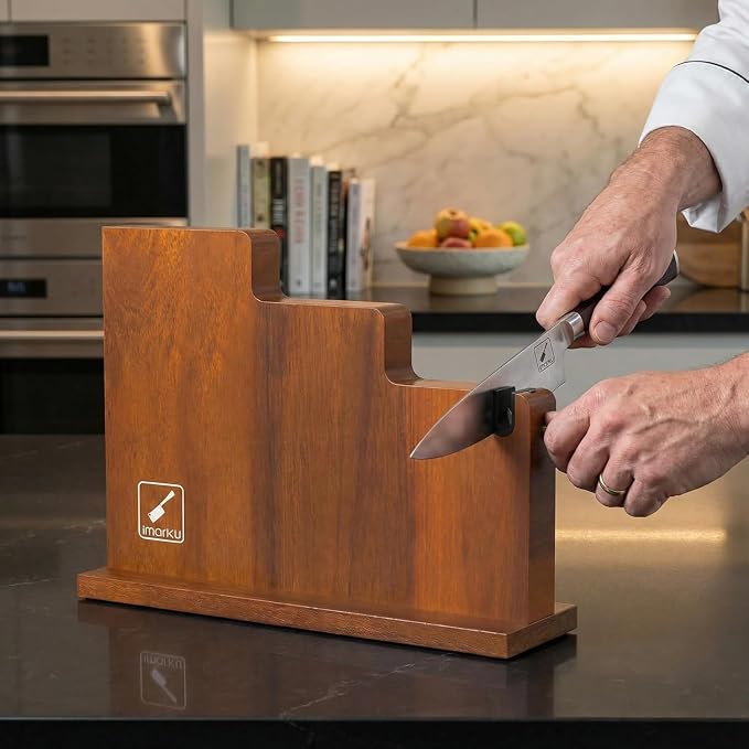 imarku Magnetic Knife Block Holder, 13 x 10 Inches, imarku Magnetic Knife Holder Rack for Kitchen Counter, Double Sided Magnet Knife Storage Stand with Knife Sharpener, Stepped Block