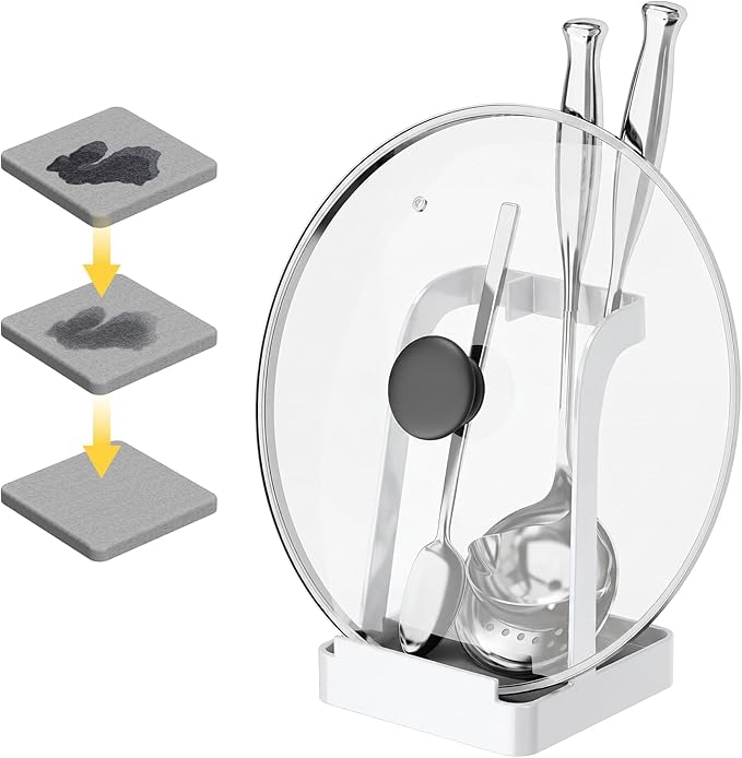 NiHome White Pot Lid Holder with Light Gray Diatomite Tray, Non-Slip Silicone Pad, Powder-Coated Iron Stand for Lids, Utensils & Cutting Boards, Compact 3.9" × 3.9" × 6" Kitchen Organizer (White)