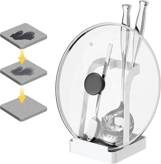 NiHome White Pot Lid Holder with Light Gray Diatomite Tray, Non-Slip Silicone Pad, Powder-Coated Iron Stand for Lids, Utensils & Cutting Boards, Compact 3.9" × 3.9" × 6" Kitchen Organizer (White)