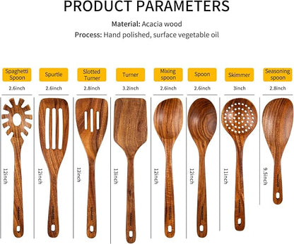 Wooden Spoons for Cooking, 8 PCS WOSPONFAN Kitchen Utensils Set, Wooden Utensils for Cooking - Wooden Spoons, Spatula Set, Slotted Spoon, Handmade Acacia Wooden Spoon Set