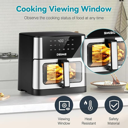 DEIME Air Fryer 10.2 QT, 1700W Large Capacity with 10 Preset, Visual Cooking Window, Non-Stick Basket, Recipe Included (Silver+TR)