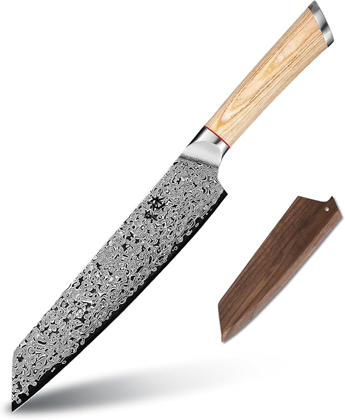DONGSUN 8 Inch Damascus Kiritsuke Chef Knife with North American Black Walnut Sheath, Professional K-Tip Japanese Kitchen Knife 67-Layer VG10 Forged Steel, Durable Sharpness