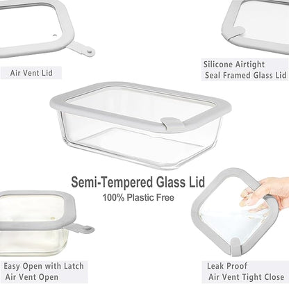 Glass Food Containers with Glass Lid, Microwave Safe Food Storage Container Set, 4 Pack of 35oz, Large Size Airtight Storage Set with Leak Proof Lids, Meal Prep Containers