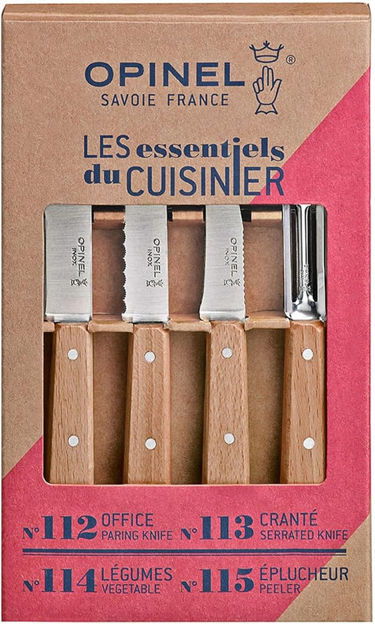 OPINEL Les Essentials - Small Kitchen 4 Piece Knife Set - Paring, Serrated, Peeler, Vegetable Knife, Corrosion Resistant High Carbon Steel, Made in France (Natural)