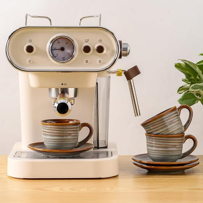 Hasense Espresso Cups with Saucers, 4 oz Small Ceramic Espresso Coffee Mugs Set of 4, Cute Cappuccino Cup Set, Demitasse Cups Perfect for Espresso Shots, Cappuccino, Tea-Grey Brown