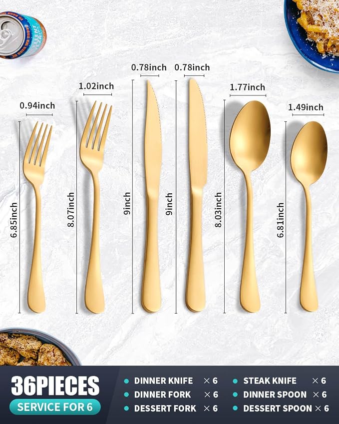 Matte Gold Silverware Set with Steak Knives,Stainless Steel Flatware Set for 6,Modern Cutlery Utensils Set,Spoons and Forks Set for Restaurant,Dishwasher Safe (Gold, 36 Piece Set)