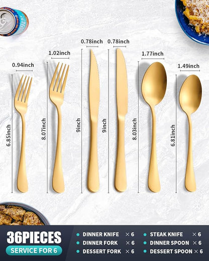 Matte Gold Silverware Set with Steak Knives,Stainless Steel Flatware Set for 6,Modern Cutlery Utensils Set,Spoons and Forks Set for Restaurant,Dishwasher Safe (Gold, 36 Piece Set)