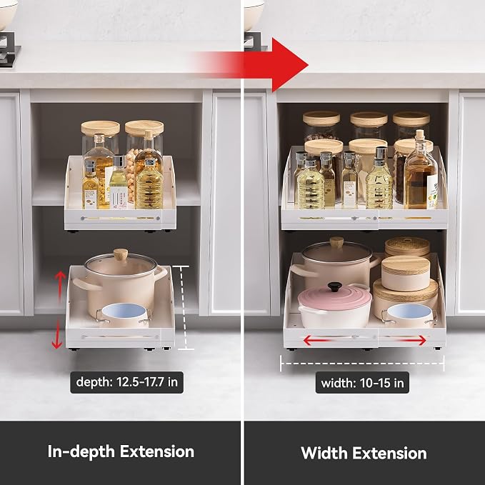 Pull out Cabinet Organizer Raised Side Walls for Safer Storage - Zero-Drill Installation, 4-Way Expansion, Modern Design for Kitchen & Pantry Depth (12.5"-17.7") & Width (10"-15")