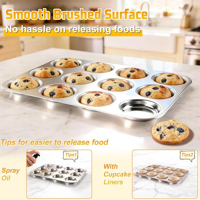 P&P CHEF 12-Cup Muffin Top Pan (1 Piece), Stainless Steel Muffin Pan Cupcake Tin with Shallow Side for Whoopie Pie & Yorkshire Pudding, Easy Clean & Oven Safe, Silver