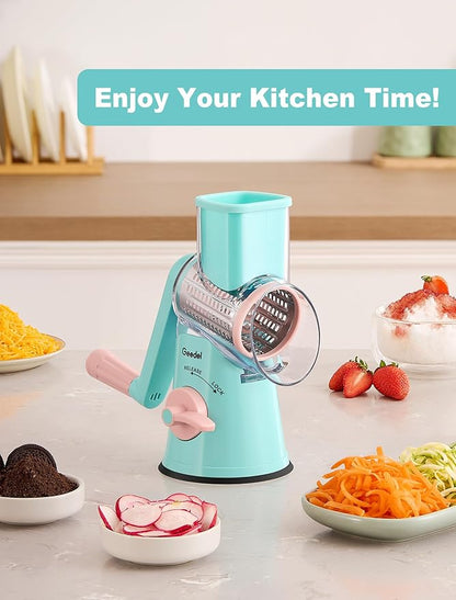 Geedel Rotary Cheese Grater Cheese Shredder - Upgraded 5-in-1 Cheese Grater with Handle and Strong Suction Base, Multi-purpose Vegetable Slicer Ice Shaver Nuts Grinder for Cheese, Vegetables, Ice