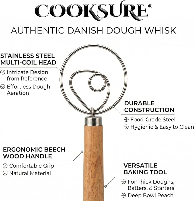 304 Stainless Steel Danish Dough Whisk for Sourdough 13 Inch – Super Sturdy Bread Whisk with Smooth Wooden Handle