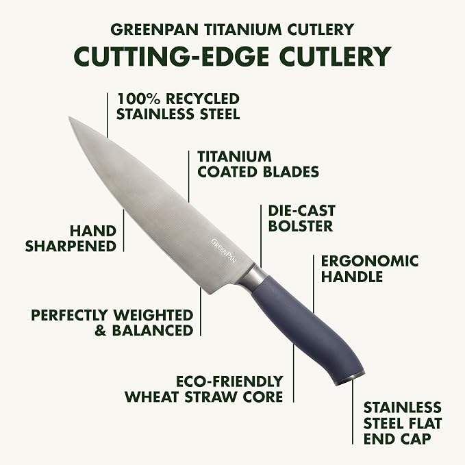 GreenPan 16-Piece Knife Block Set, Professional Stainless Steel Blades with Titanium Coating, Ultra-Sharp Kitchen Cutlery, Chef, Santoku, Bread & Steak Knives, Ergonomic Grip, Slip Resistant, Gray