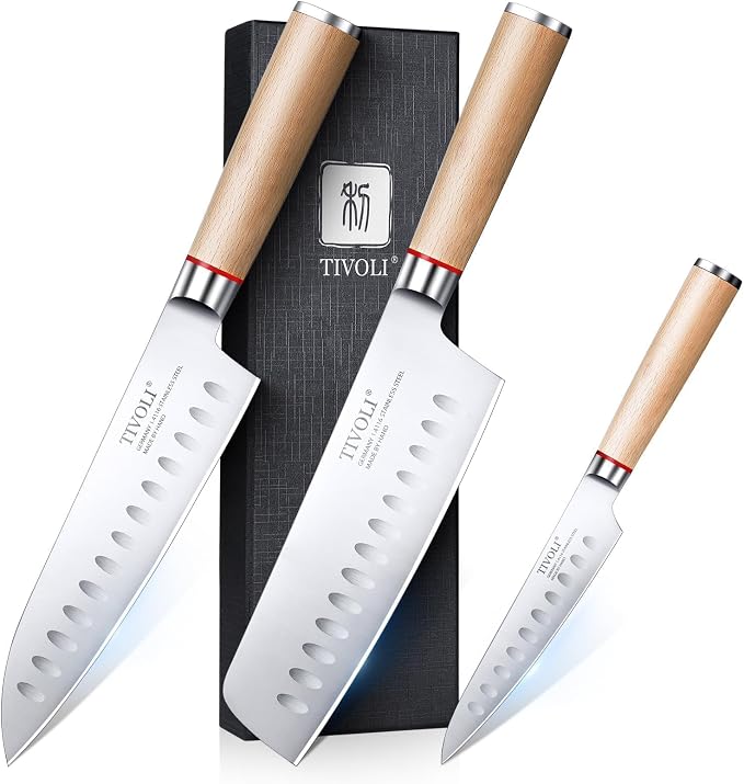 TIVOLI 3 PCS Kitchen Knife Set, High Carbon Stainless Steel Cutlery Knife Set, Ergonomic Wood Handle, Professional Chef Knife Set Gifts For Cooks