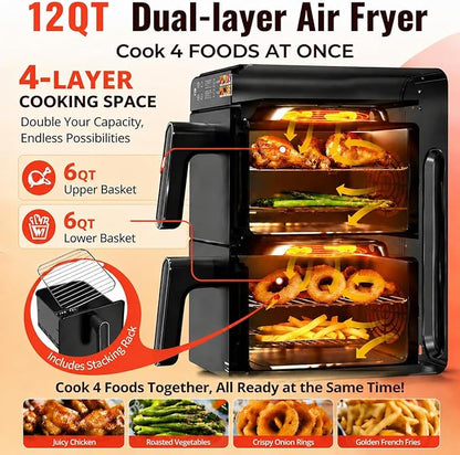 【Upgrade】Air Fryer, Dual Basket Air Fryers, 12QT Double Air Fryer with 2 Stacked Racks, Large Family Size, Touchscreen Controls, 6-in-1 Presets, Roast, Sync & Match Functions, Dishwasher-Safe Parts