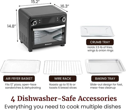 Elite Gourmet EAF9320 23L Air Fryer Toaster Oven, 10-in-1 Digital Convection Countertop Oven, Dual Fan Speeds, Air Fry, Bake, Broil, Toast, Dehydrate, 1600W w/Air Fry Rack, Bake Rack & Pan, Black