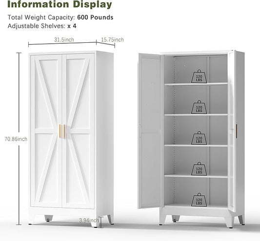 COFaR 5 Tier Metal Farmhouse Storage Cabinet with 2 Barn Door, 4 Adjustable Shelves and Legs, for Kitchen, Dining Room, Bathroom, Living Room, Office