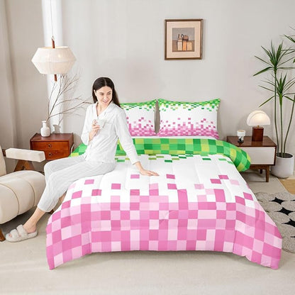 Manfei Pixelated Style Bedding Set King Size,Geometric Camouflage Grid Comforter Set with 2 Pillowcases,Video Games Bed Quilt,Pink Green Quilt Sets Home Decor,Women Men Birthday Gift