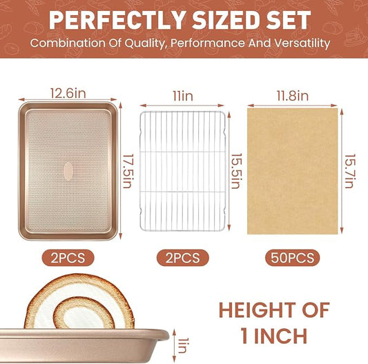 2 Pack Baking Sheets with 2 Wire Racks & 50 Pre-Cut Parchment Papers | Heavy Duty Nonstick Cookie Pans (17.5"x11.8") | Warp-Resistant Oven Roasting Set for Meal Prep & Holiday Gifts