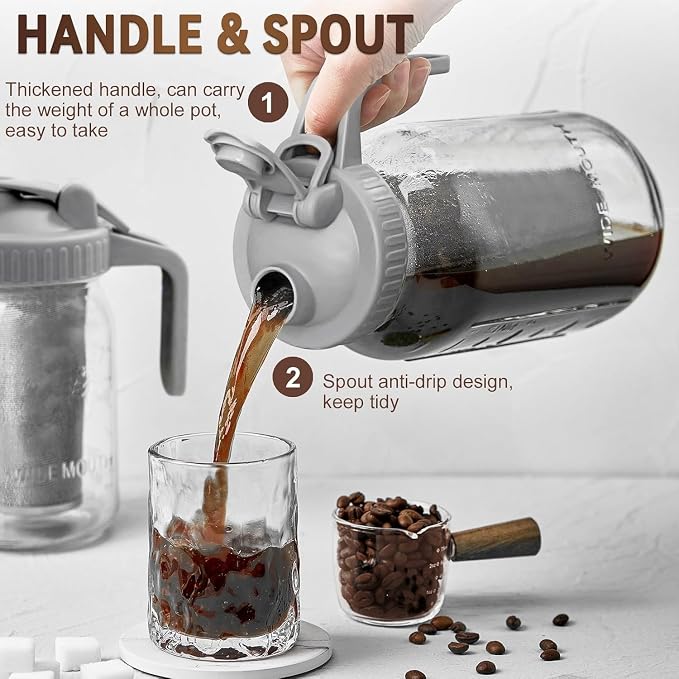 OneDream Cold Brew Coffee Maker, 2 Pack 64oz Stainless Steel Filter Cold Brew Pitcher Jar, No Leaks Cold Brew Mason Jar Coffee Maker, Easy to Clean Cold Coffee Maker