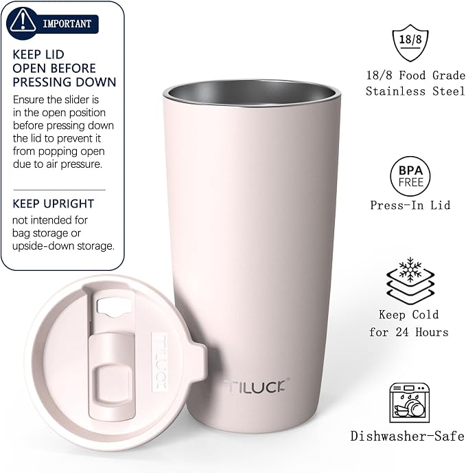 TILUCK 20 oz Insulated Tumbler with BPA-Free Lid, Stainless Steel Vacuum Travel Coffee Mug, Double Wall Coffee Tumbler（20oz，Matte SakuraPink）